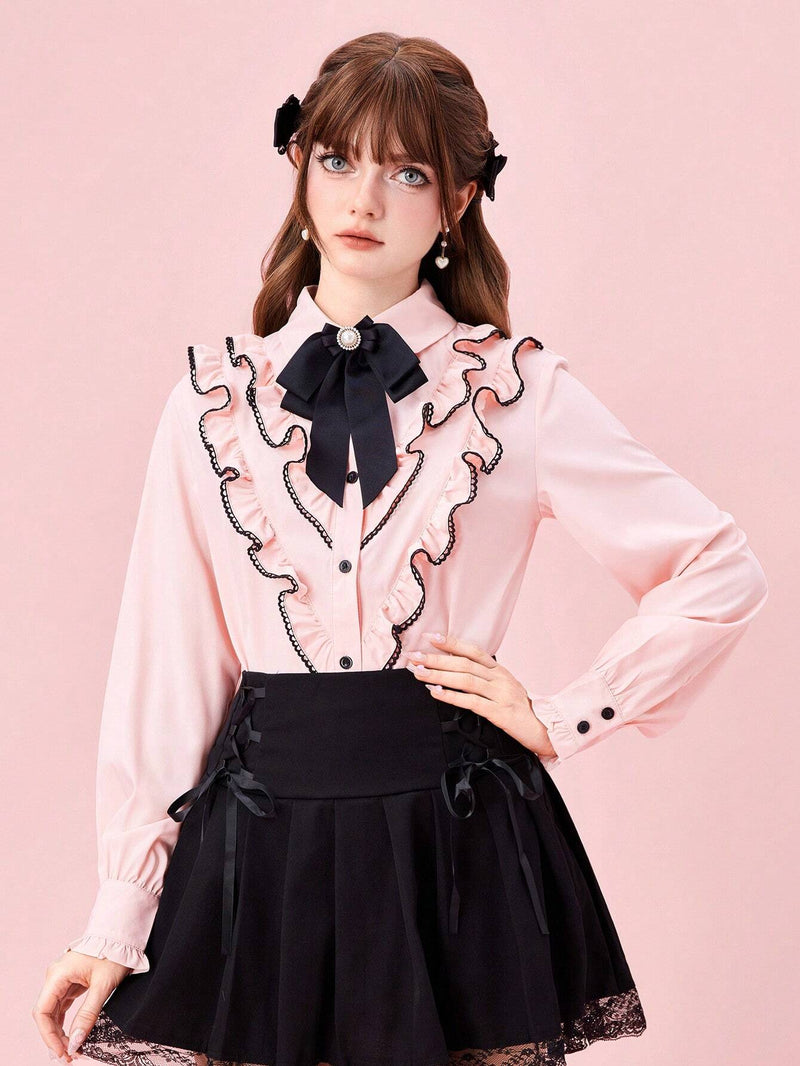 ROMWE Kawaii Blusa de manga larga con botones al frente, dobladillo con volantes y ribete de contraste, uso casual de todos los dias para mujeres