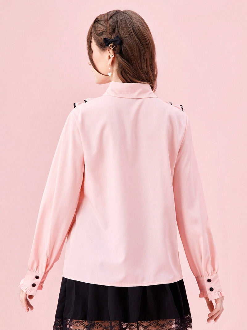 ROMWE Kawaii Blusa de manga larga con botones al frente, dobladillo con volantes y ribete de contraste, uso casual de todos los dias para mujeres