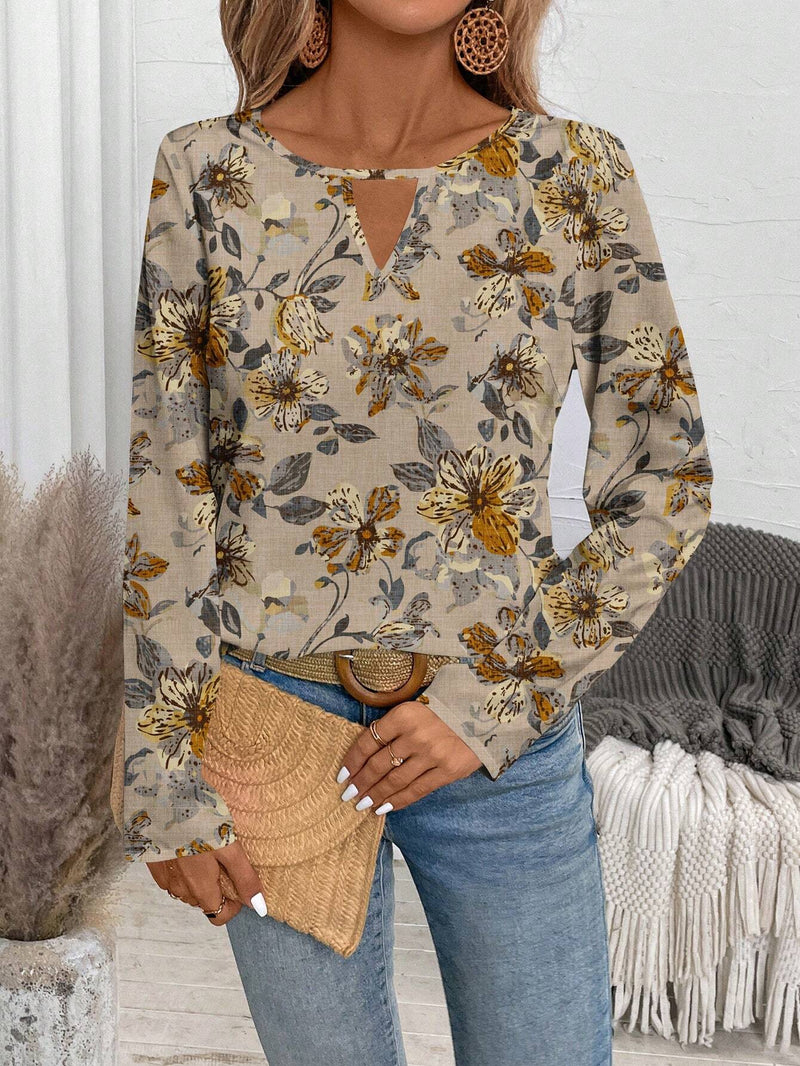 EMERY ROSE Blusa casual de manga larga con estampado floral en todo el Body y calados para mujer