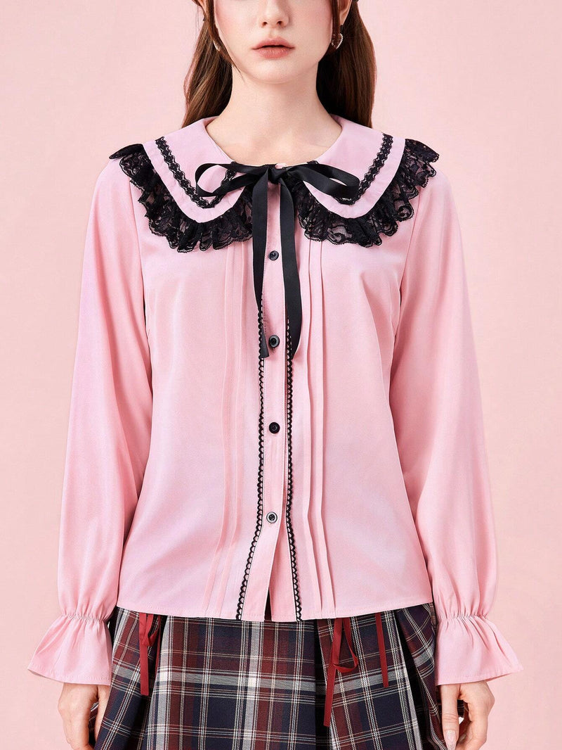 ROMWE Kawaii Blusa casual de manga larga con cierre de botones delanteros, cuello Peter Pan y panel de encaje