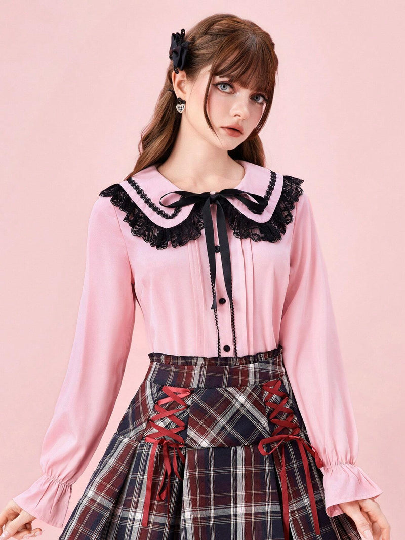 ROMWE Kawaii Blusa casual de manga larga con cierre de botones delanteros, cuello Peter Pan y panel de encaje