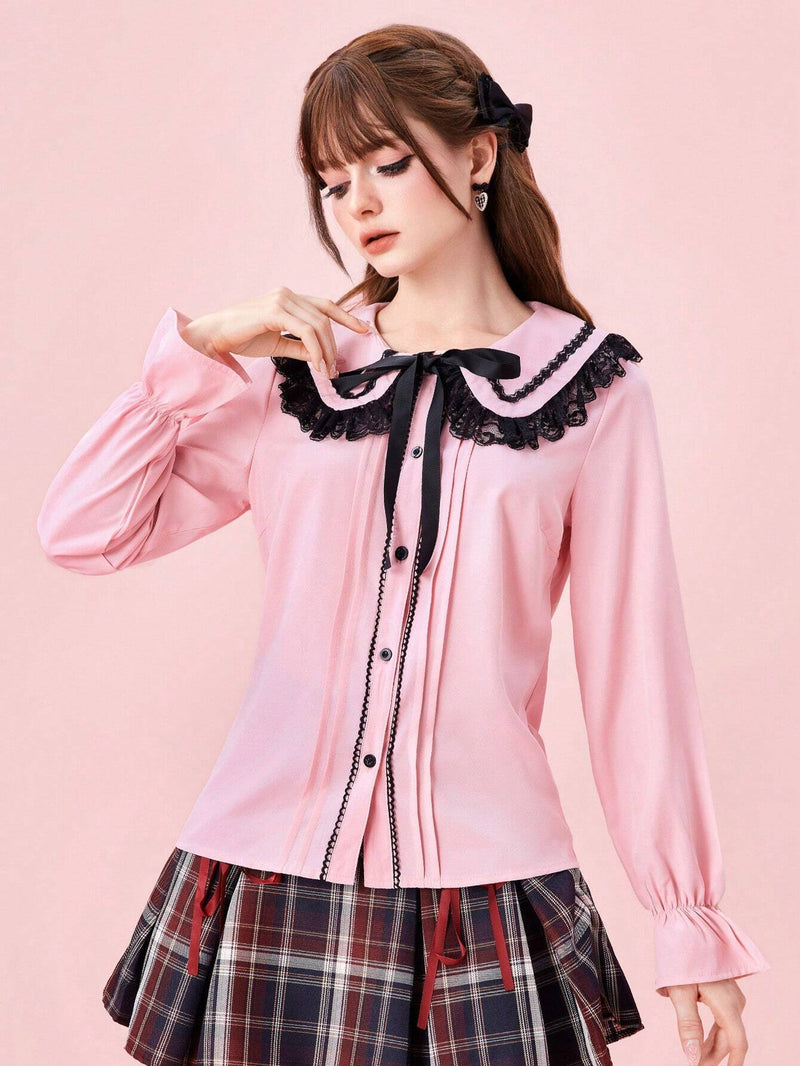 ROMWE Kawaii Blusa casual de manga larga con cierre de botones delanteros, cuello Peter Pan y panel de encaje