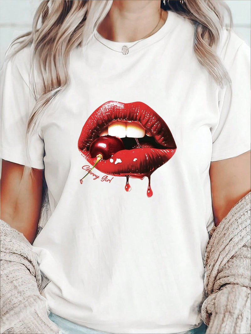 Camiseta De Manga Corta Con Estampado De Cerezas Y Labios Rojos Para Mujer