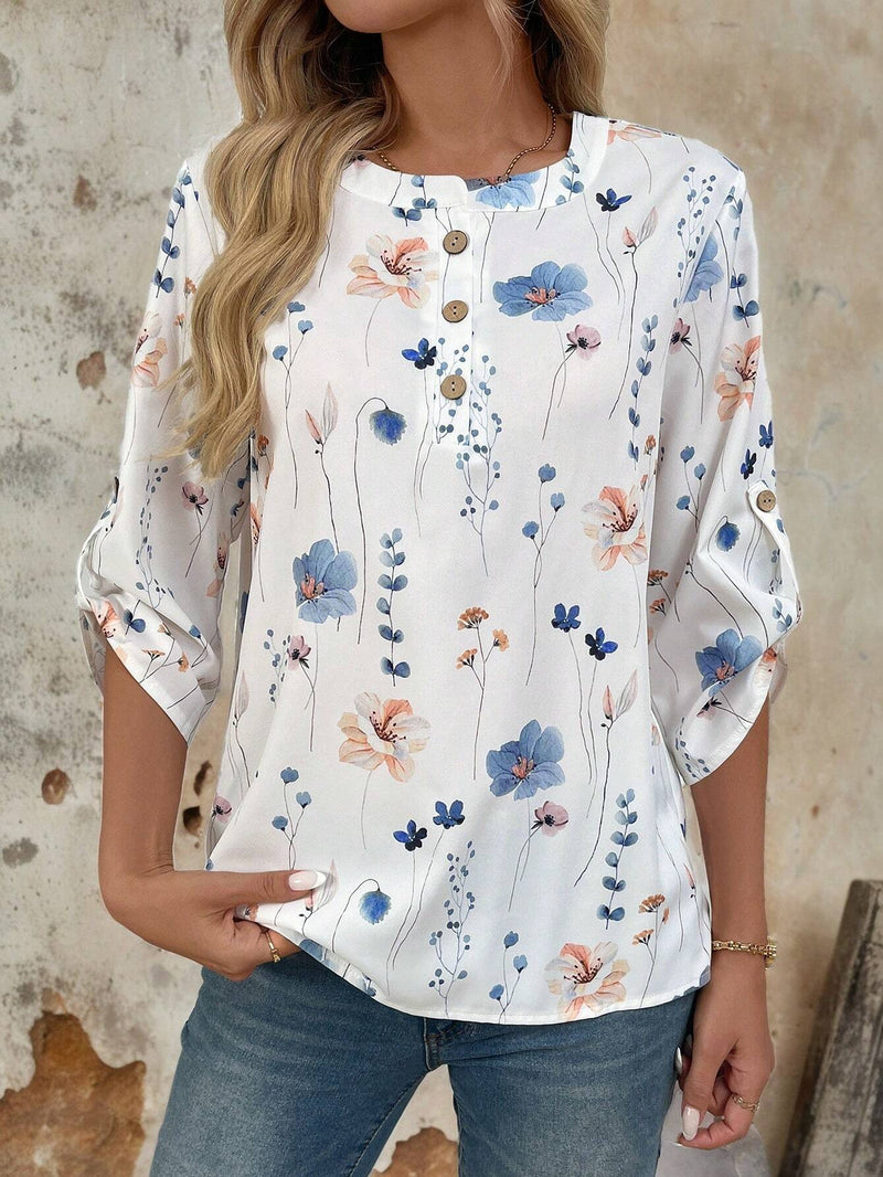 EMERY ROSE Blusa con estampado floral, media botonadura y mangas enrolladas con pestana