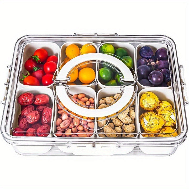 1 pza., Bandeja de servicio dividida en 8 compartimentos con tapa y asa, Snackle Box, Contenedor de charcutería, Platos de aperitivos portátiles, Organizador transparente para dulces, frutas, nueces, aperitivos, perfecto para fiestas, suministros de coci