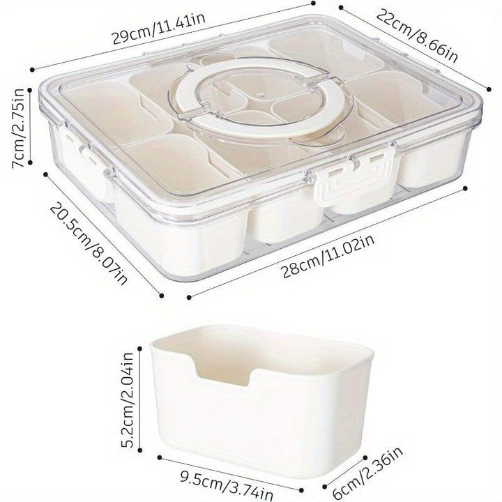 1 pza., Bandeja de servicio dividida en 8 compartimentos con tapa y asa, Snackle Box, Contenedor de charcutería, Platos de aperitivos portátiles, Organizador transparente para dulces, frutas, nueces, aperitivos, perfecto para fiestas, suministros de coci