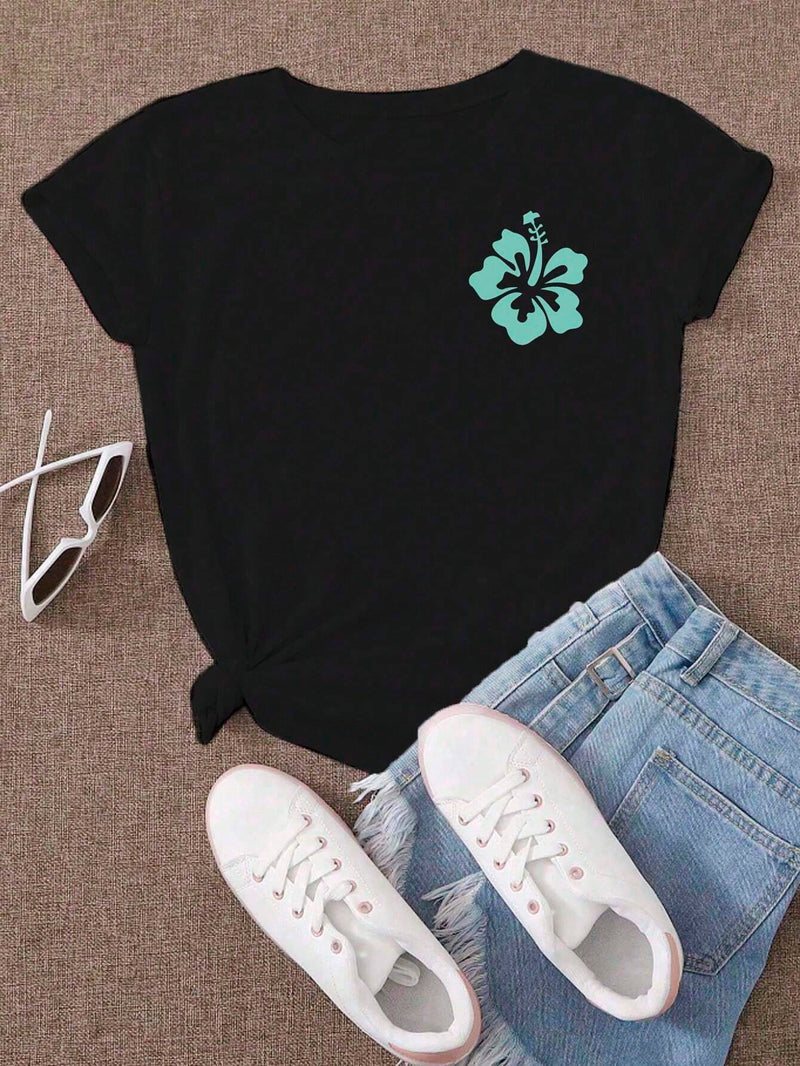 Camiseta de manga corta con estampado de flores y letras para mujeres