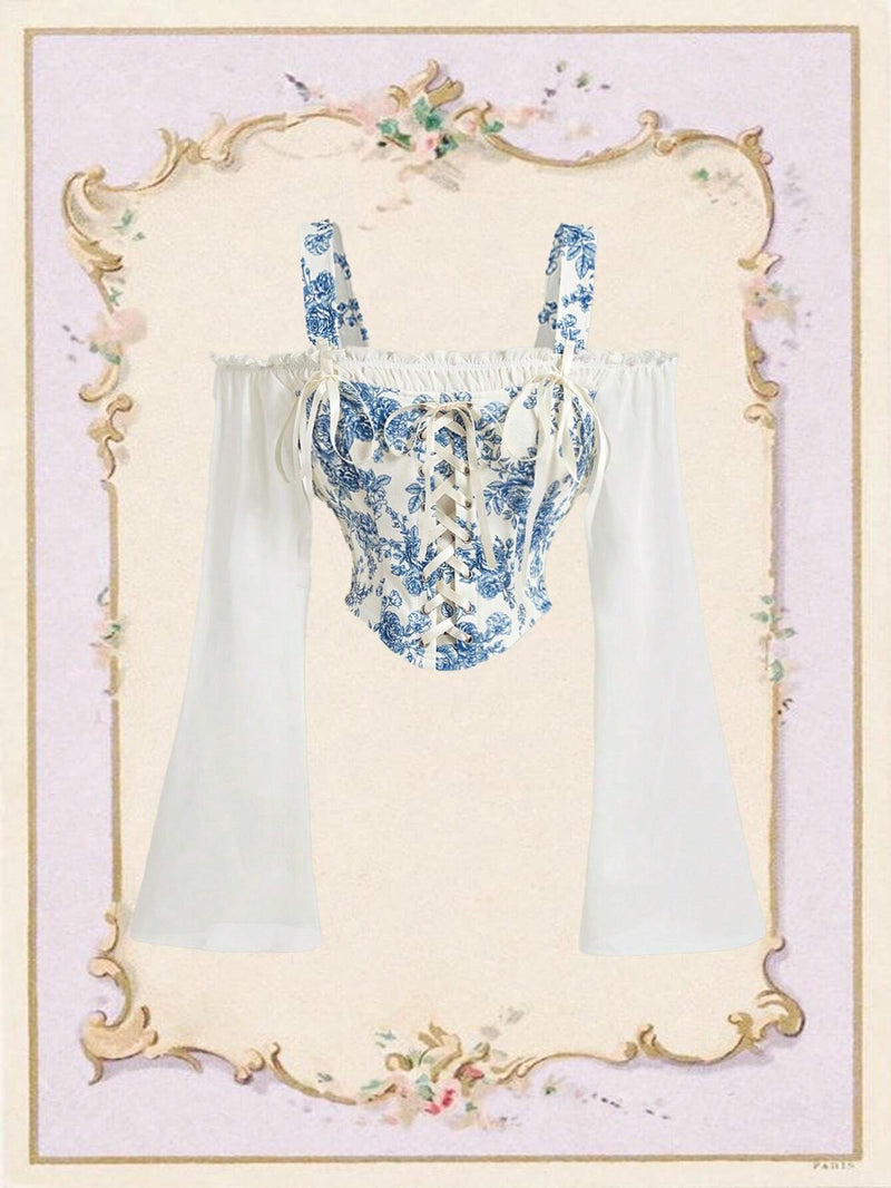 Top corto de dos piezas con mangas acampanadas, con estampado floral azul y blanco vintage, blusas para mujeres, ropa vintage para mujeres