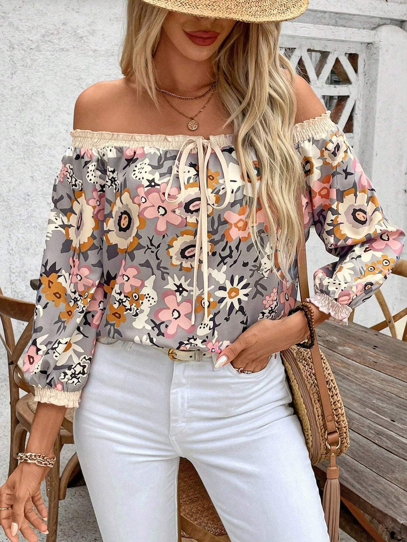 Blusa de vacaciones para mujer con hombros descubiertos, estampado de flores y patron de corte aleatorio