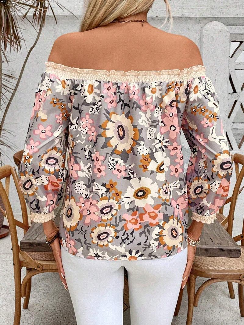 Blusa de vacaciones para mujer con hombros descubiertos, estampado de flores y patron de corte aleatorio