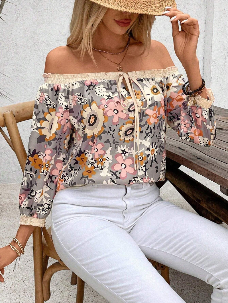 Blusa de vacaciones para mujer con hombros descubiertos, estampado de flores y patron de corte aleatorio