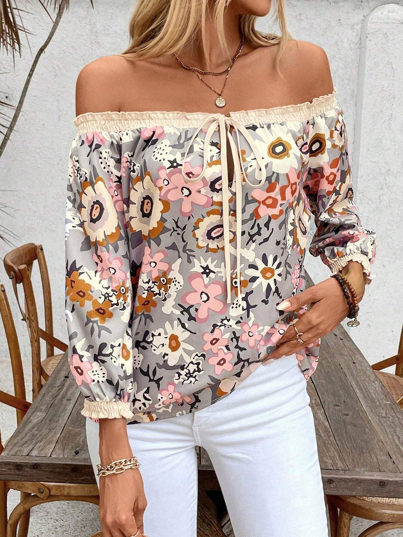 Blusa de vacaciones para mujer con hombros descubiertos, estampado de flores y patron de corte aleatorio