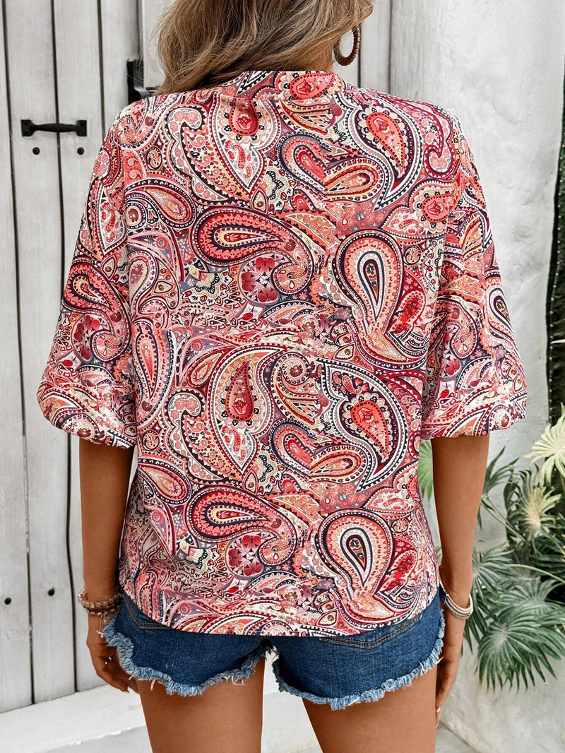 Camisa vintage con cuello en V, tapeta de botones y estampado de nueces para mujer, elegante para el verano