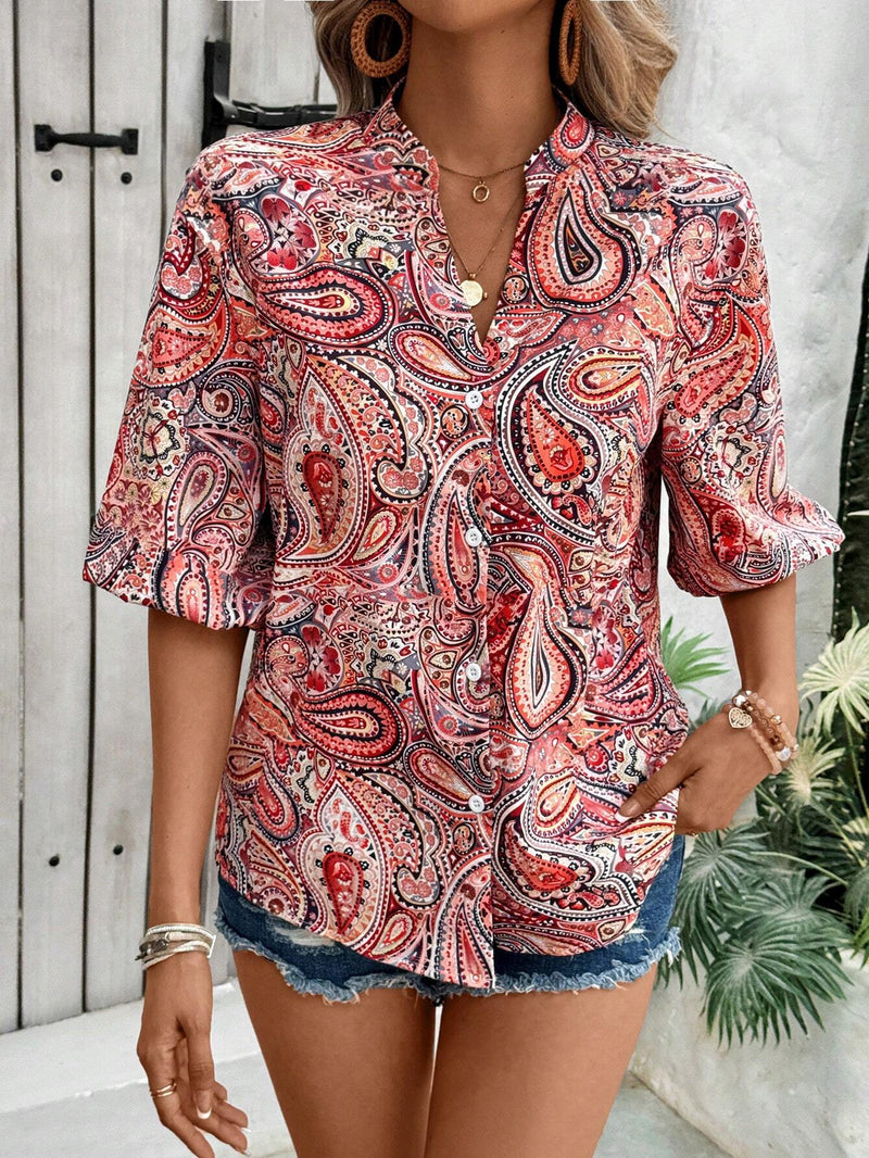 Camisa vintage con cuello en V, tapeta de botones y estampado de nueces para mujer, elegante para el verano