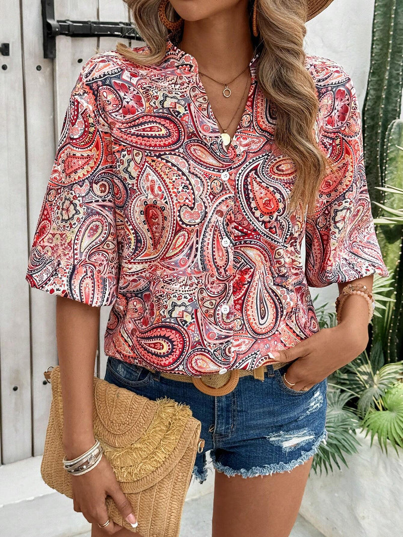 Camisa vintage con cuello en V, tapeta de botones y estampado de nueces para mujer, elegante para el verano