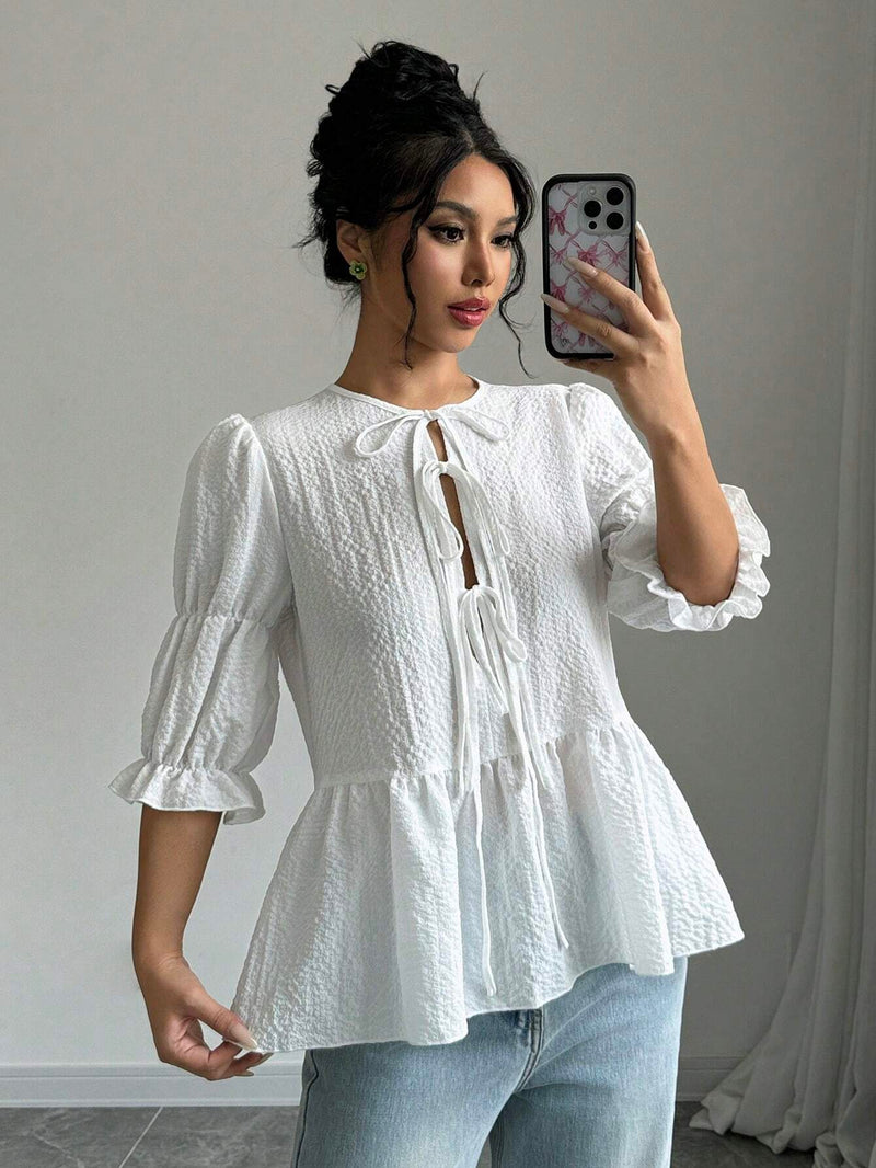 Blusa casual de gasa arrugada para mujeres - Blanco