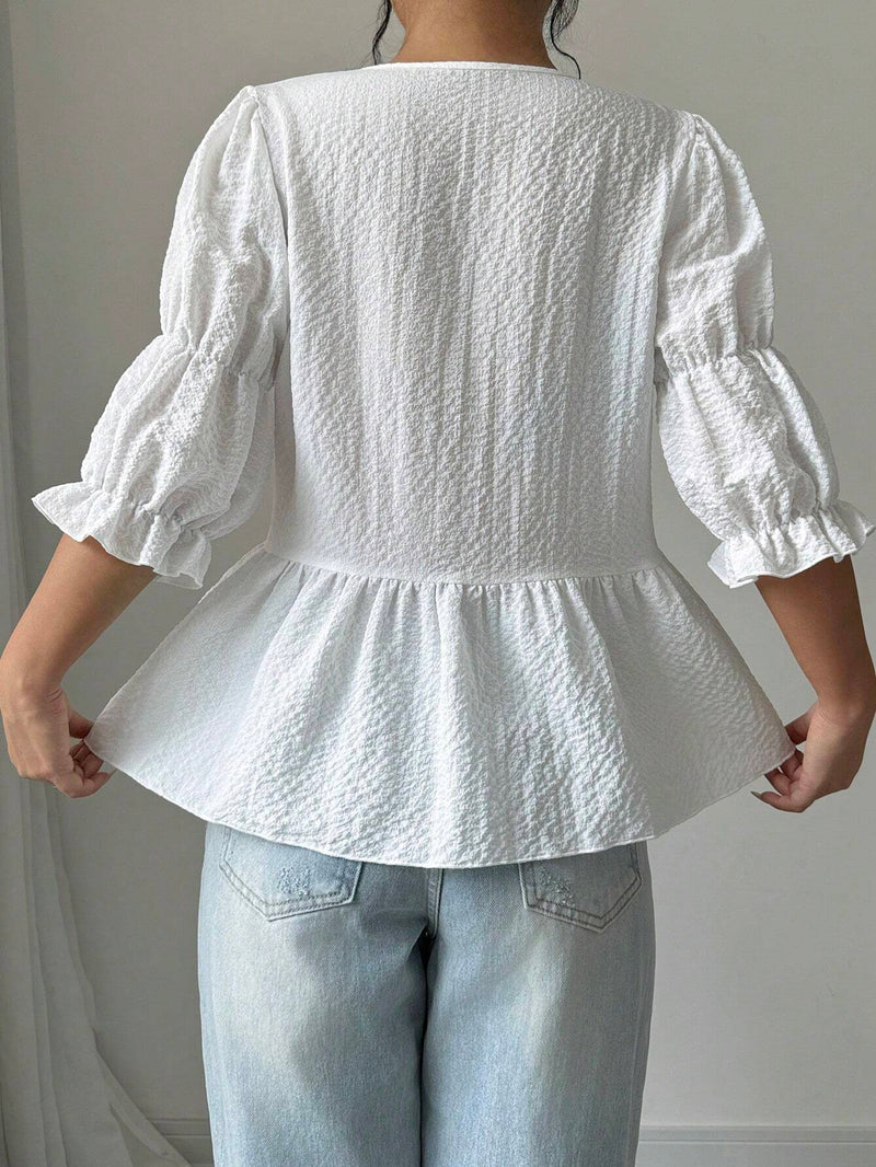 Blusa casual de gasa arrugada para mujeres - Blanco