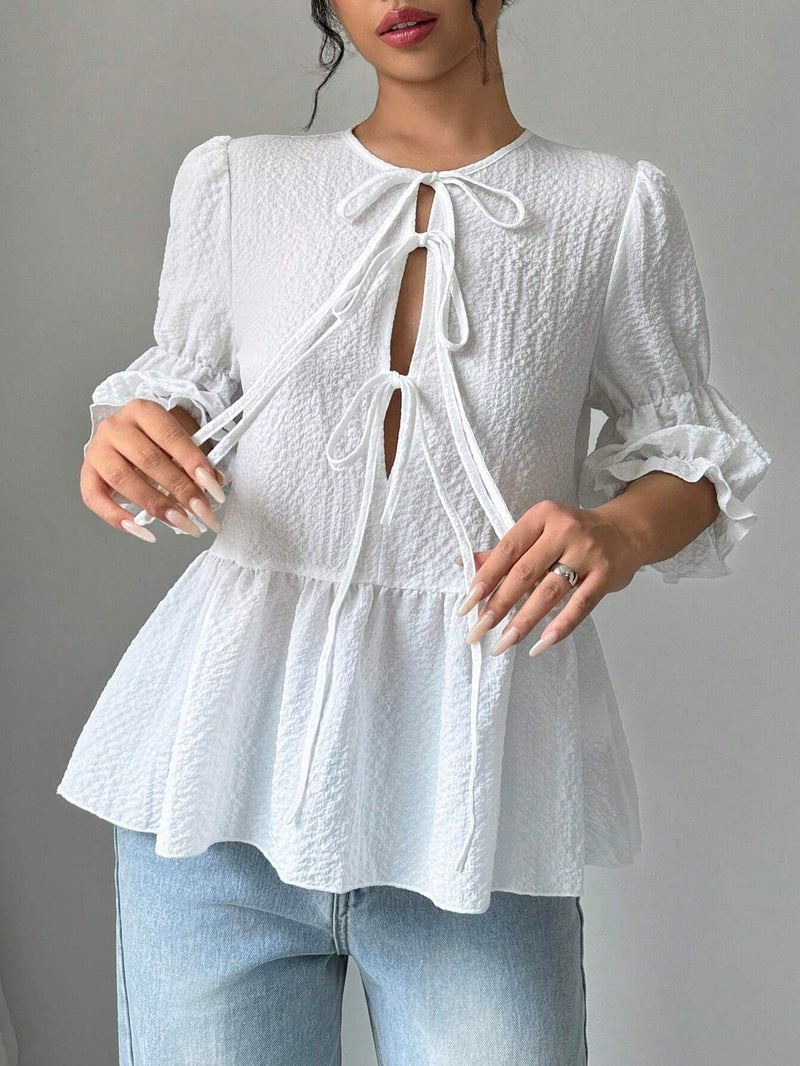 Blusa casual de gasa arrugada para mujeres - Blanco