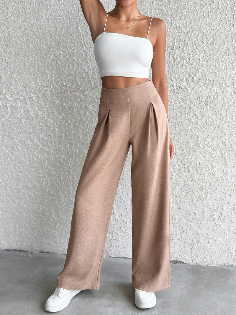 Petite pantalon de pierna ancha de lino beige para mujeres de estatura baja