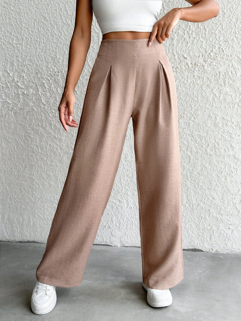 Pantalones de pierna ancha de lino beige para mujer petite