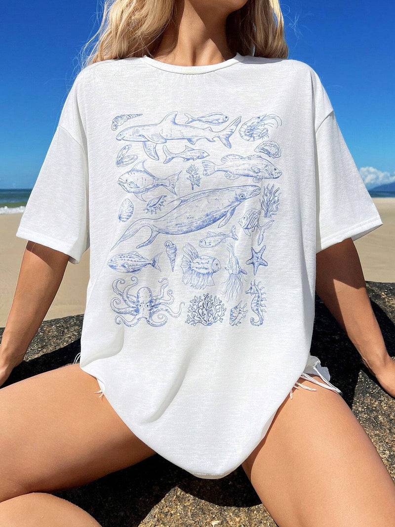 Camiseta casual para mujer con estampado de animales del oceano de manga corta, holgada para el verano con cuello redondo