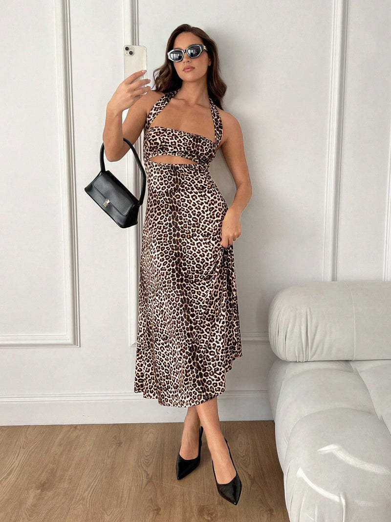 Essnce vestido de largo medio con detalles de corte, cintura cinchada y estampado de leopardo con escote de halter para mujer en verano