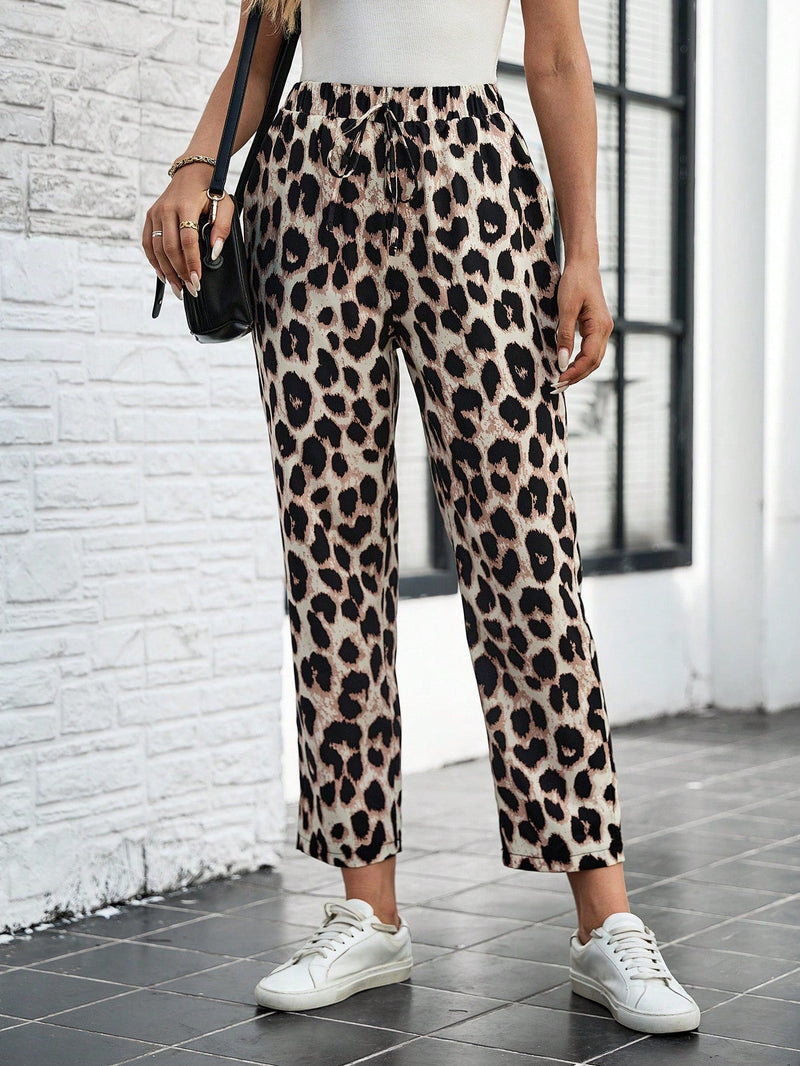 Lune pantalones elegantes de talle alto y largo con estampado de leopardo vintage, de uso casual y para la oficina, con tobillo entallado