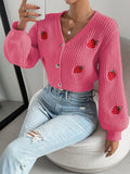 Moosta cardigan holgado de mujer con mangas farol, hombros caidos y bordado de fresa de estilo casual