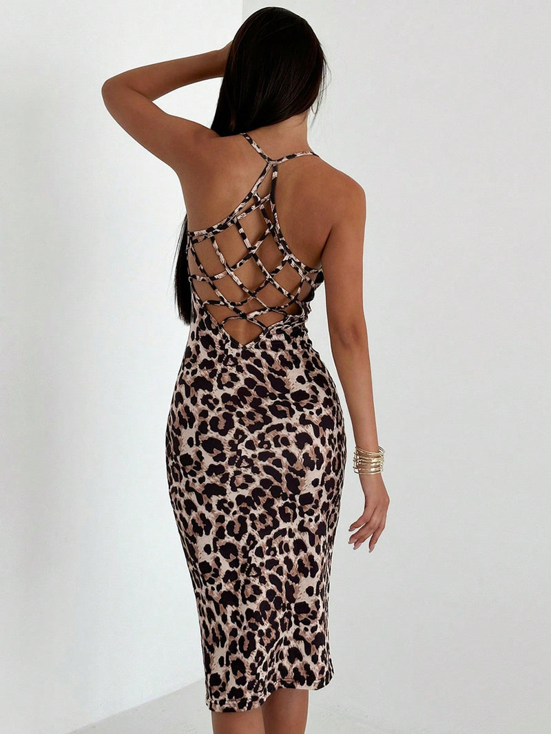 Firerie vestido ajustado de longitud hasta la rodilla con estampado de leopardo, elegante y sexy, con espalda descubierta y recortes para mujer