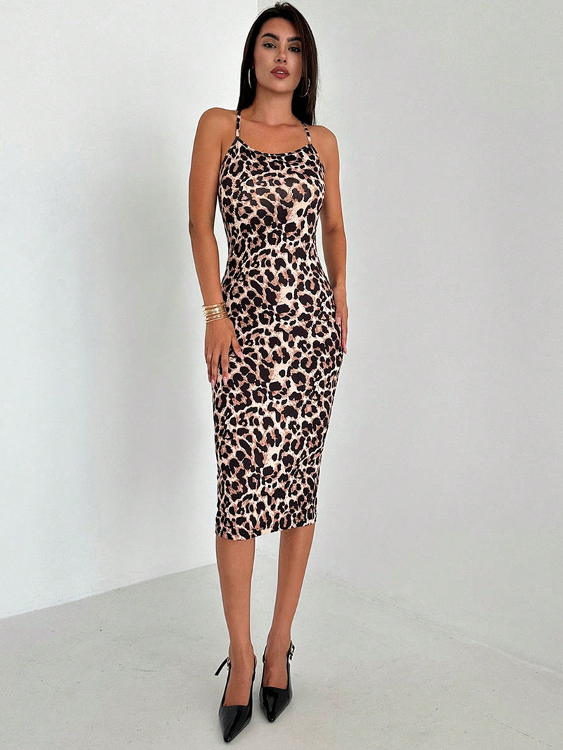 Firerie vestido ajustado de longitud hasta la rodilla con estampado de leopardo, elegante y sexy, con espalda descubierta y recortes para mujer