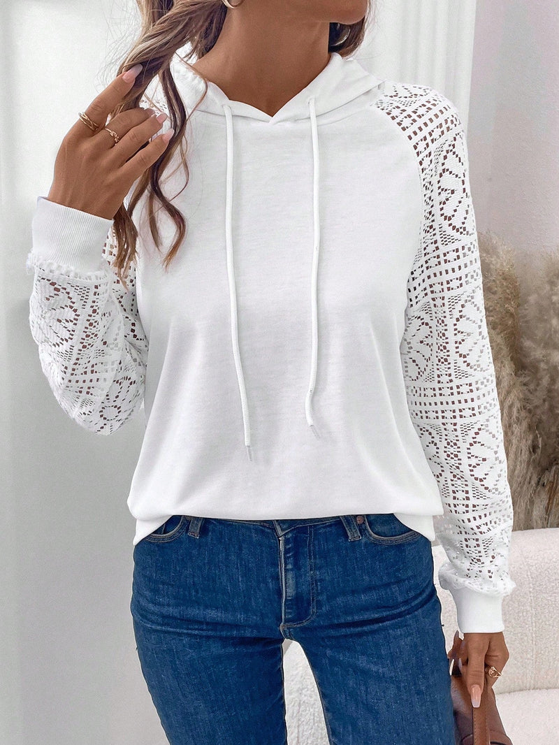 Lune sudadera con capucha blanca casual con mangas de encaje frances para mujeres, otono/invierno