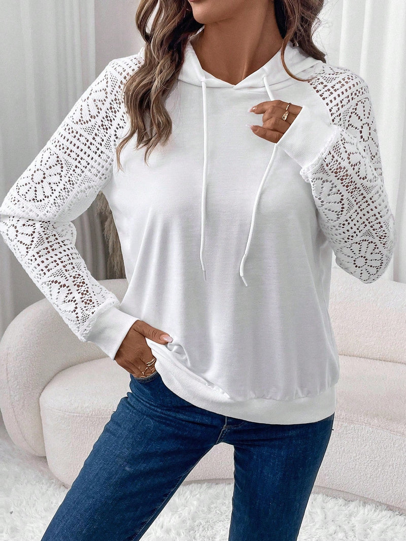 Lune sudadera con capucha blanca casual con mangas de encaje frances para mujeres, otono/invierno