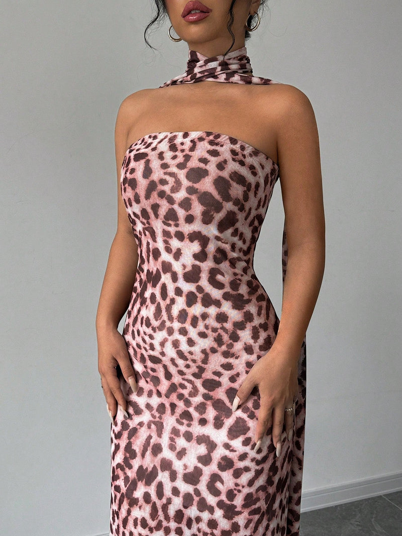 Raffinea vestido elegante de mujer con estampado de leopardo, sin mangas, ajustado, de verano