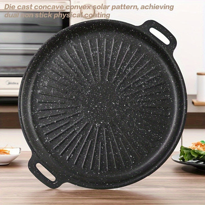 Sartén de Parrilla Coreana de Hierro Fundido - Antiadherente, Patrón Solar, Dos Asas, Uso Sin Humo en Interiores y Exteriores, Material Saludable, Sin Carga - Ideal para Fiestas en Casa, Camping y Uso Comercial