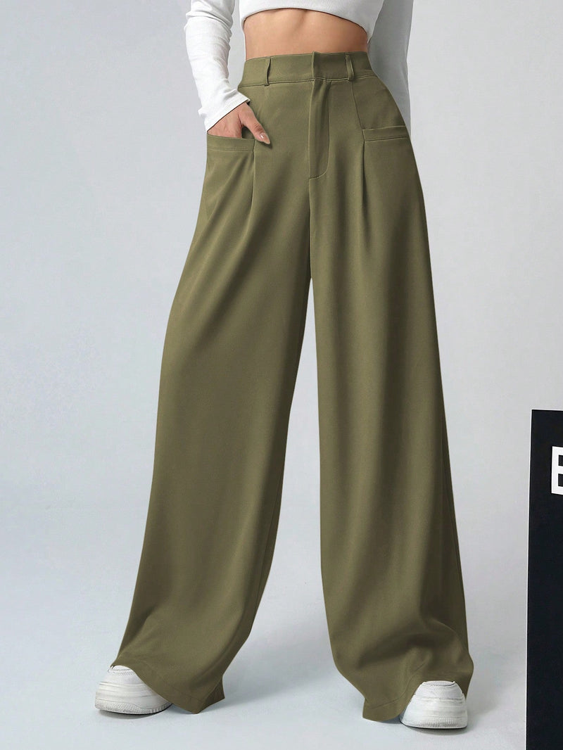 Ezwear pantalones de mujer plisados en color solido