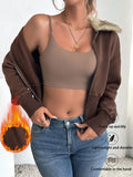 Essnce chaqueta de sudadera casual ajustada con cuello de peluche, prenda exterior versatil para otono/invierno