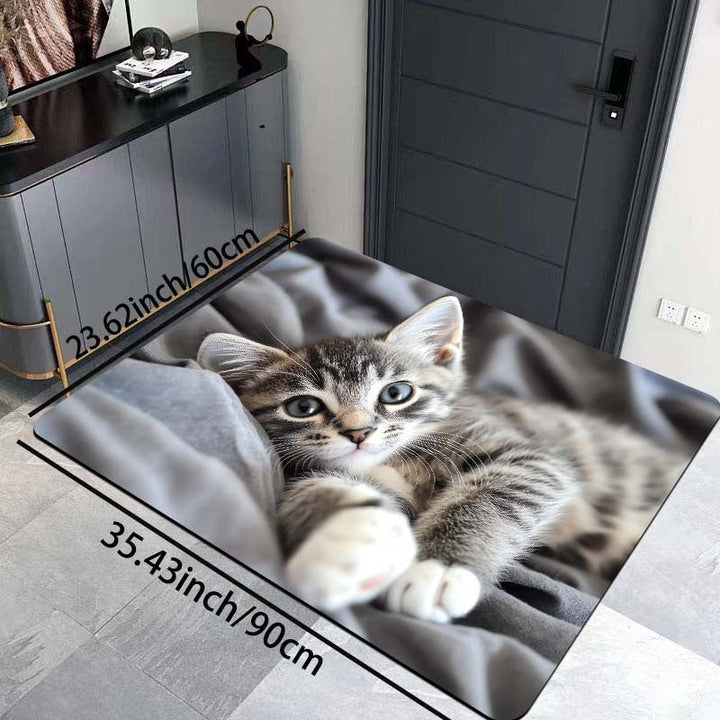 Diseño Encantador de Gato Acostado en la Cama - Alfombra Versátil para Sala de Juegos, Baño, Cocina y Espacios de Estar - Alfombra de Poliéster Lavable a Máquina con Base Antideslizante de PVC