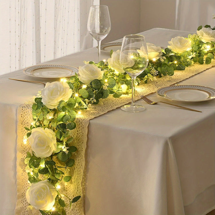 1 pza. guirnalda artificial de eucalipto estilo glam con luces LED y rosas, decoración falsa con detalles champán para mesa, chimenea, pared, arco, fiesta de bodas, funciona con baterías (2 AA no incluidas)