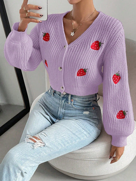 Moosta cardigan holgado de mujer con mangas farol, hombros caidos y bordado de fresa de estilo casual