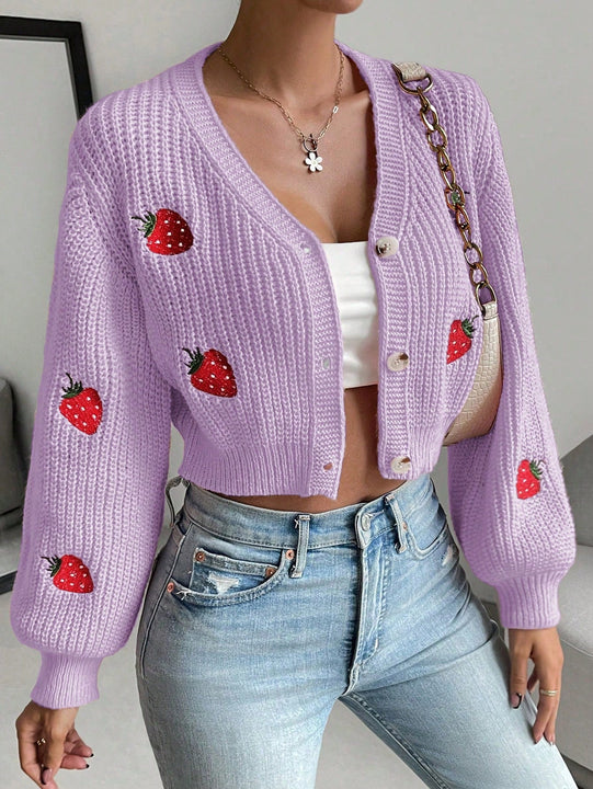 Moosta cardigan holgado de mujer con mangas farol, hombros caidos y bordado de fresa de estilo casual