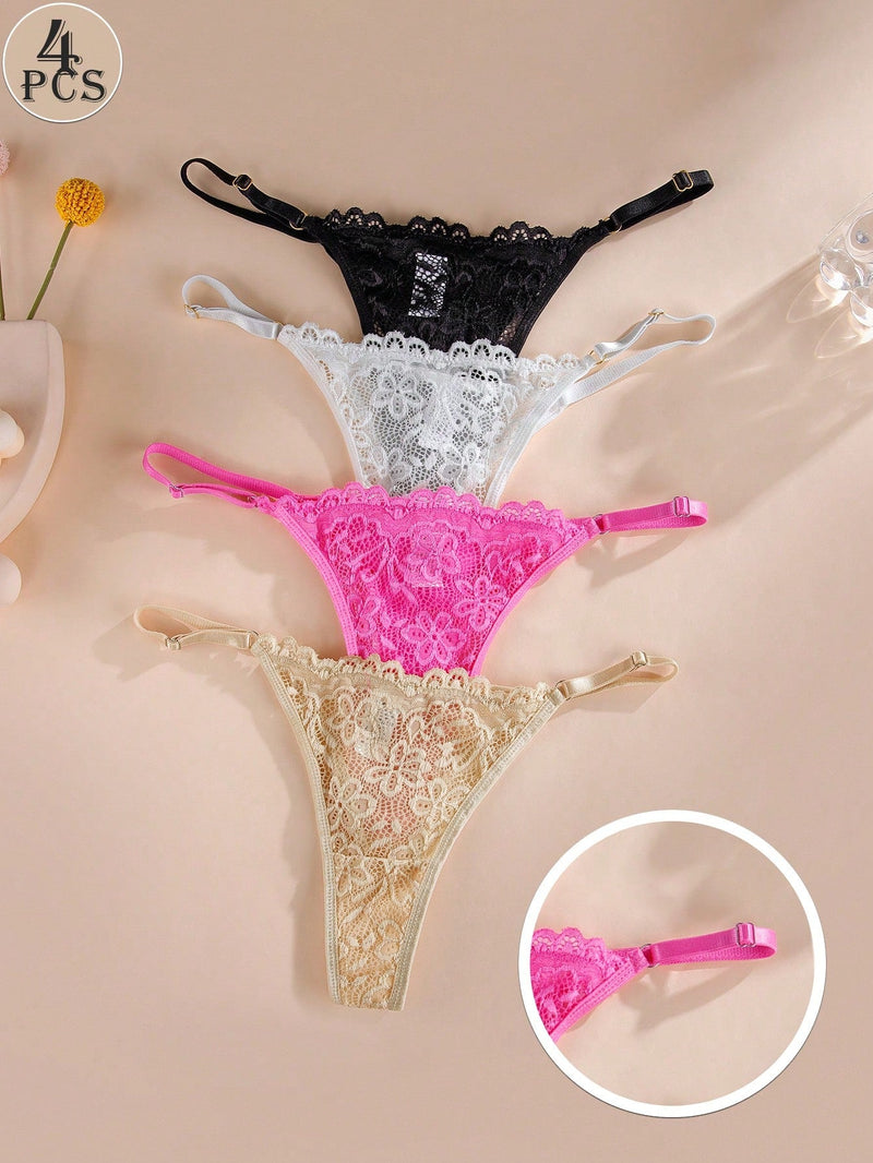 Set de 4 tangas de mujer de alta calidad, tanga de encaje transparente de cintura baja con tirantes ajustables