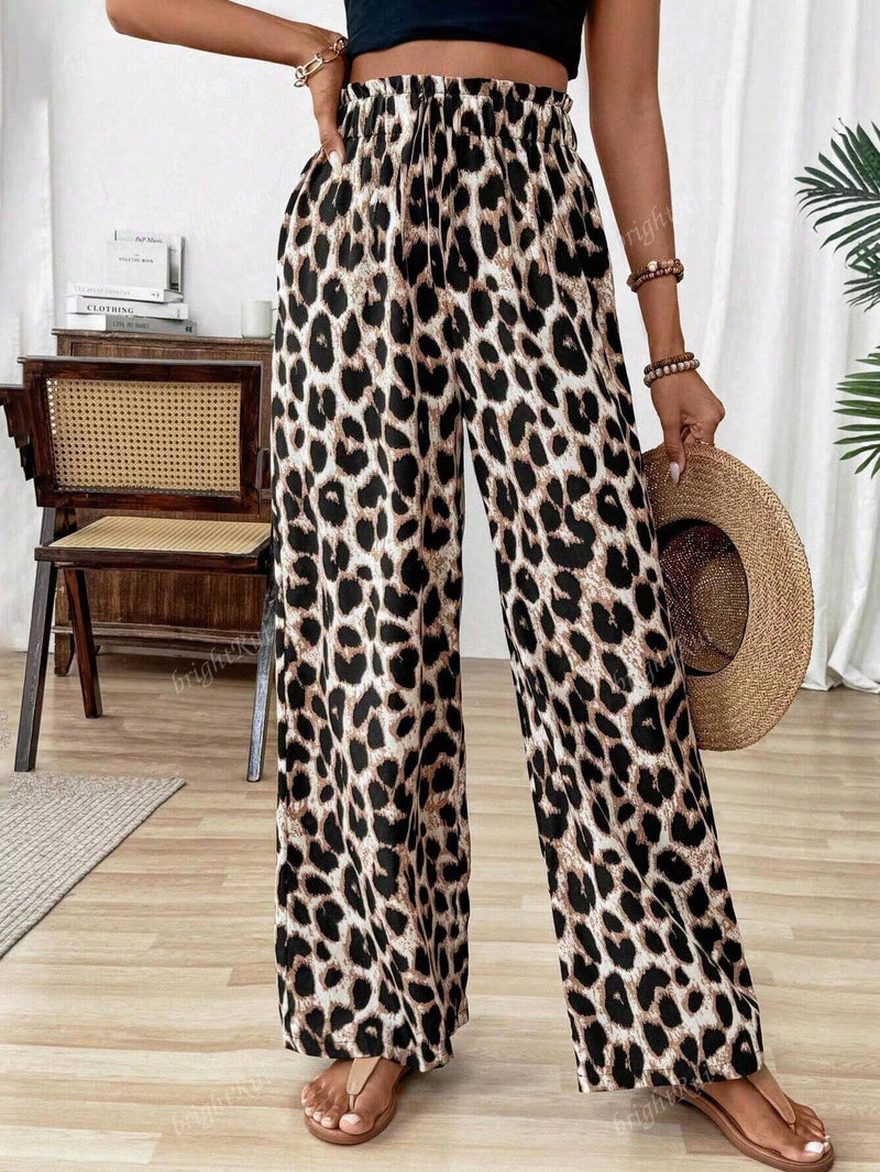 Pantalones anchos de cintura elastica con estampado de leopardo para uso diario