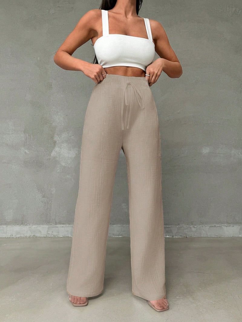 Pantalones casuales de mujer con cintura elastica de cordon y ajuste holgado con bolsillos inclinados