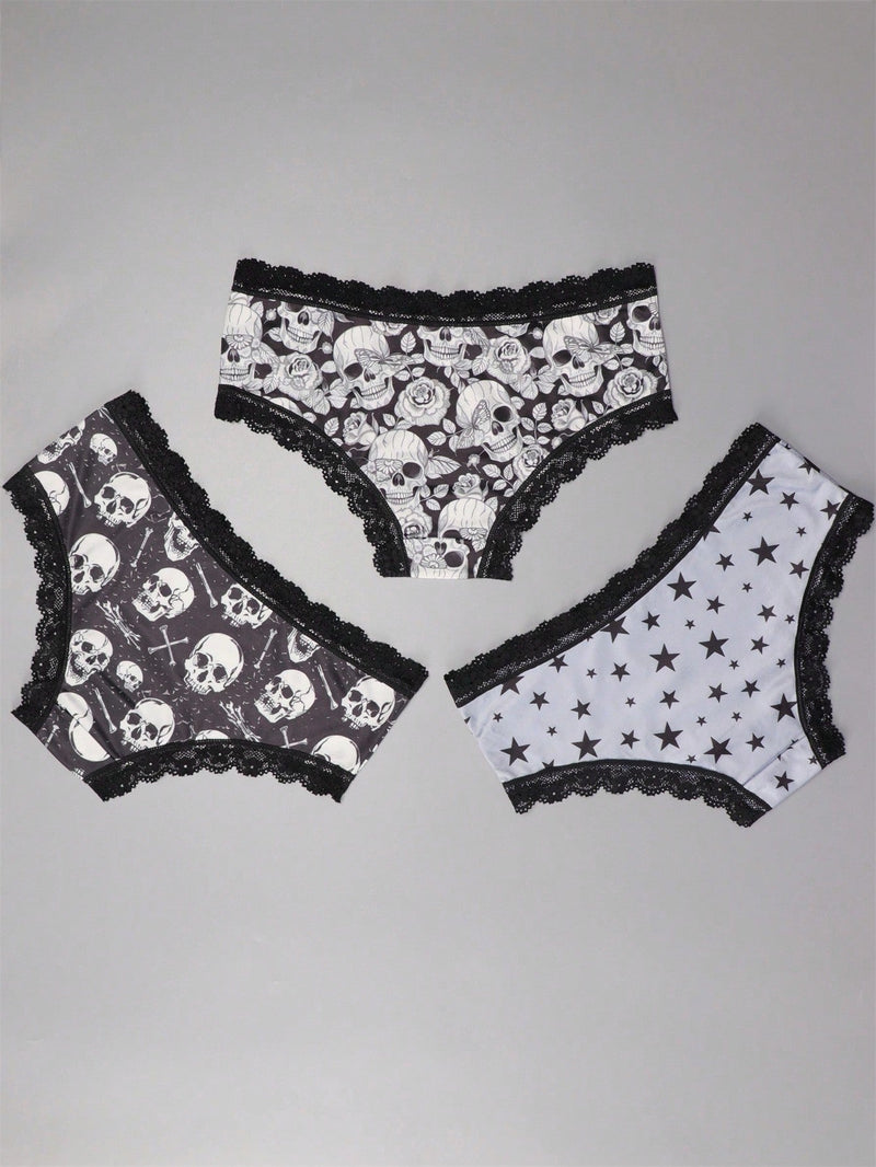 Dircho 3 piezas bikinis goticos sexys y elegantes de tiro bajo para mujer - encaje en contraste, estampado de rosas, calaveras y estrellas en todo el diseno, bragas tipo hipster comodas para mujer - lenceria y ropa interior de halloween