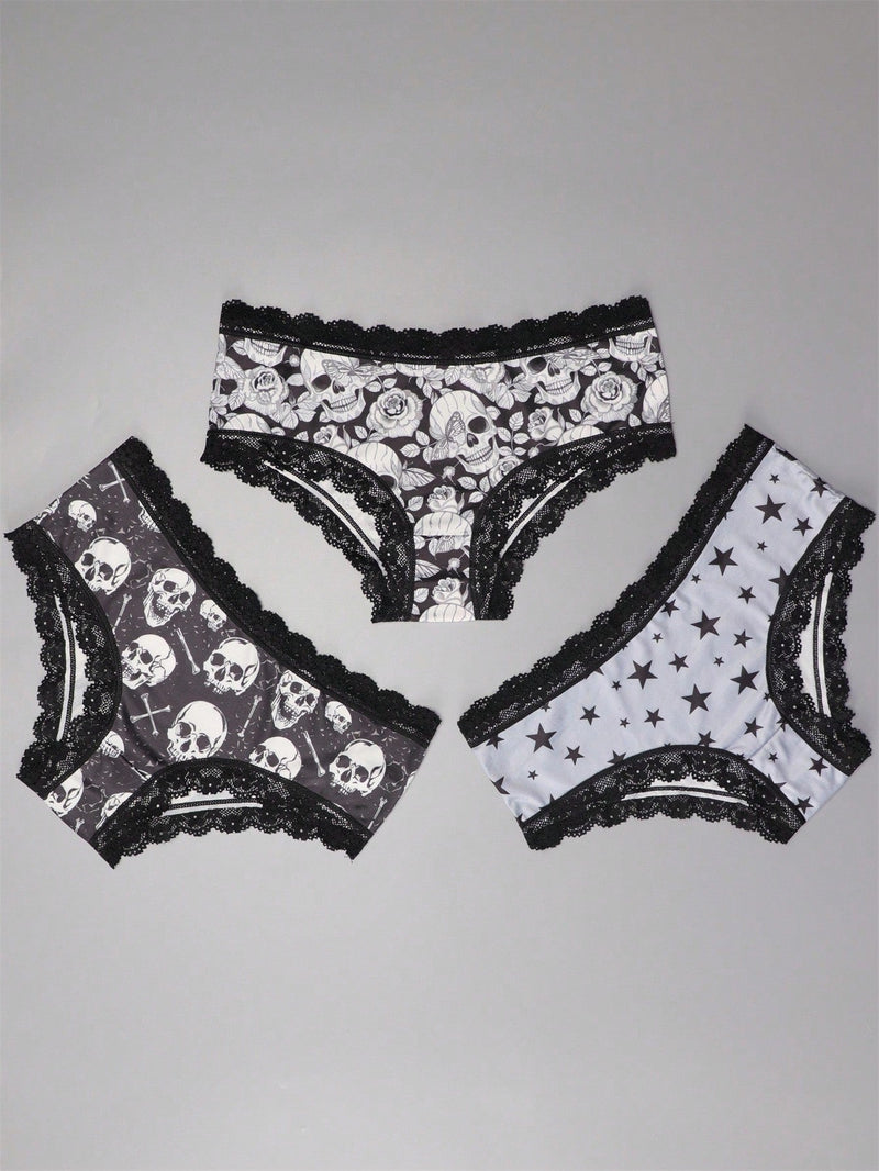 Dircho 3 piezas bikinis goticos sexys y elegantes de tiro bajo para mujer - encaje en contraste, estampado de rosas, calaveras y estrellas en todo el diseno, bragas tipo hipster comodas para mujer - lenceria y ropa interior de halloween