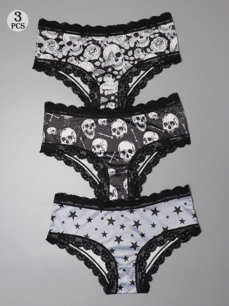 Dircho 3 piezas bikinis goticos sexys y elegantes de tiro bajo para mujer - encaje en contraste, estampado de rosas, calaveras y estrellas en todo el diseno, bragas tipo hipster comodas para mujer - lenceria y ropa interior de halloween