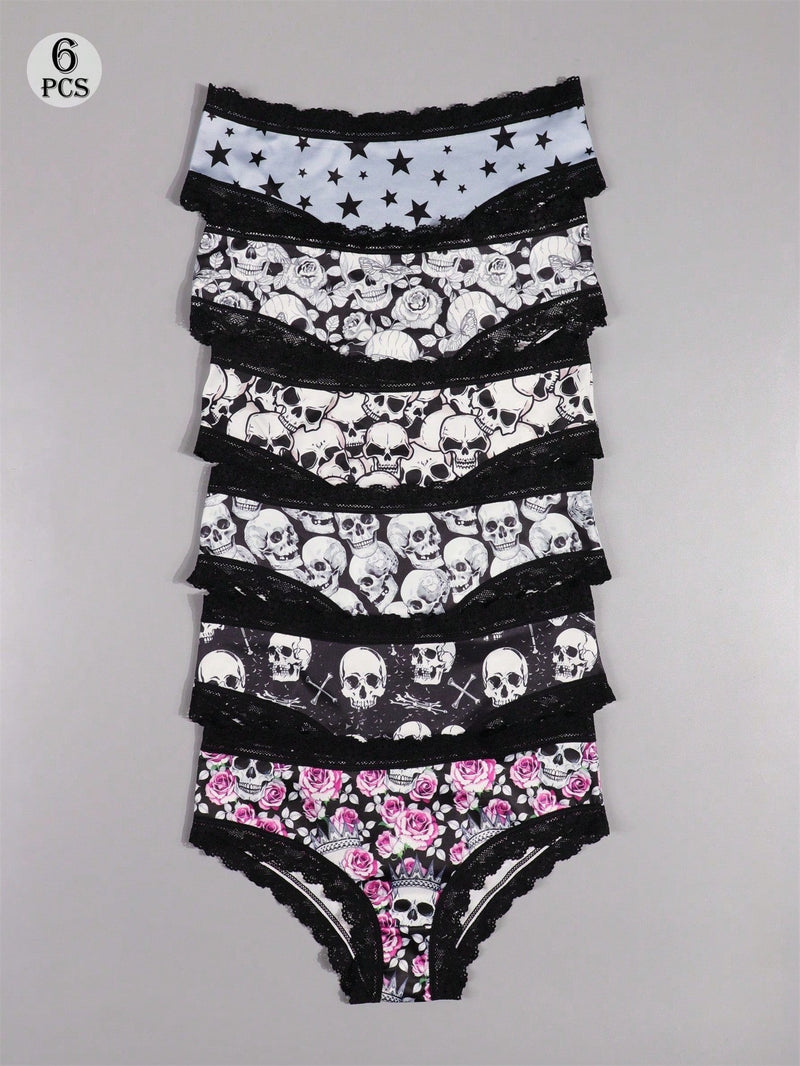 Dircho 6 piezas mujer braguitas goticas sexy y bonitas con estampado todo sobre de rosas, calaveras y esqueletos, de encaje - suave, sin costuras y elastico - lujoso confort para la coleccion de lenceria femenina