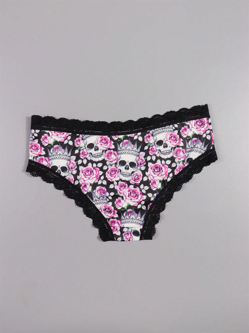 Dircho 6 piezas mujer braguitas goticas sexy y bonitas con estampado todo sobre de rosas, calaveras y esqueletos, de encaje - suave, sin costuras y elastico - lujoso confort para la coleccion de lenceria femenina