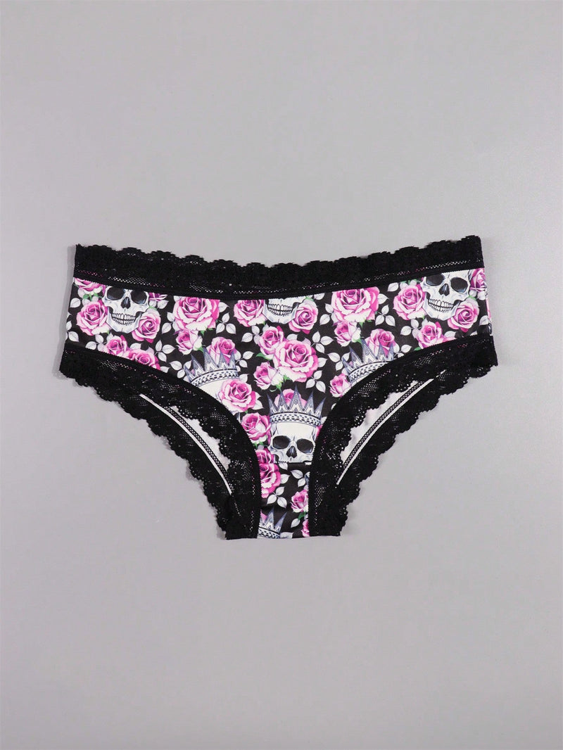 Dircho 6 piezas mujer braguitas goticas sexy y bonitas con estampado todo sobre de rosas, calaveras y esqueletos, de encaje - suave, sin costuras y elastico - lujoso confort para la coleccion de lenceria femenina