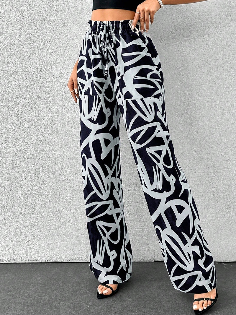 Tall pantalones anchos de verano con cinturon y estampado completo para mujer alta, con caida fluida